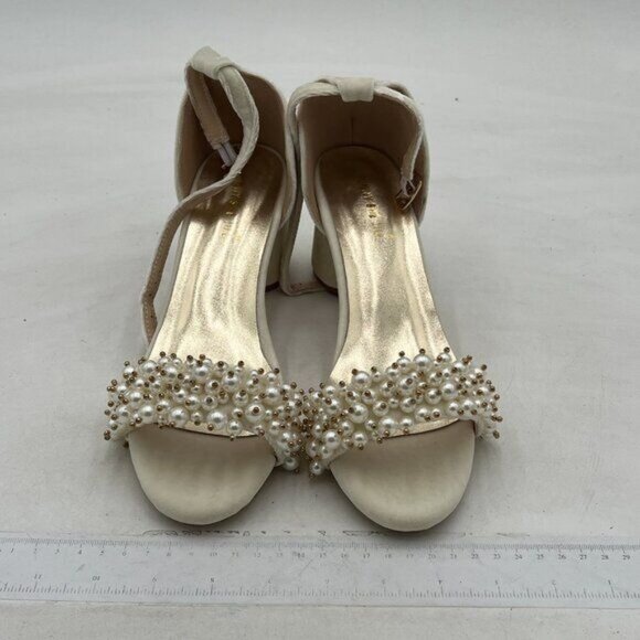 White Velvet Open Toe Sandals Pearl Strap Chunky Heel Ankle Buckle Strap Summer - Picture 2 of 7
